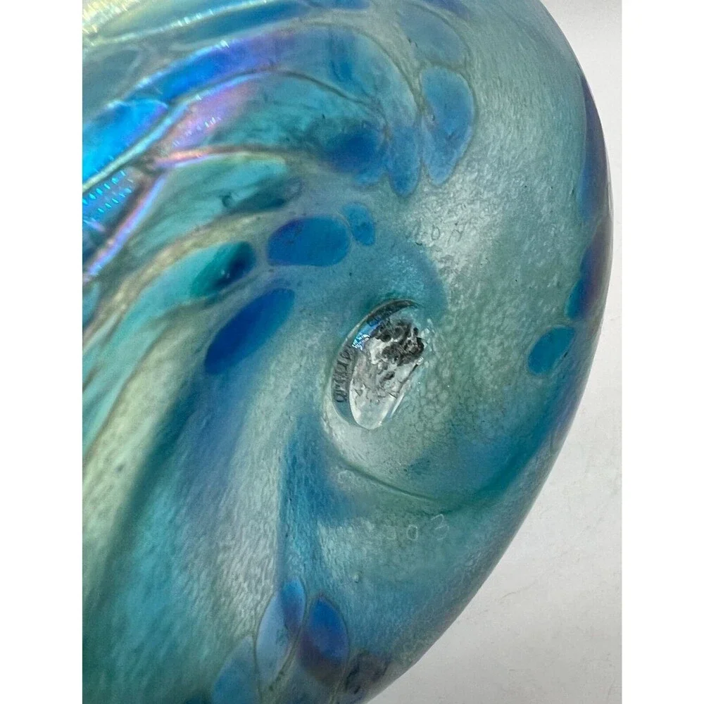 Signed art glass Blue Bowl swirls 2003 glass